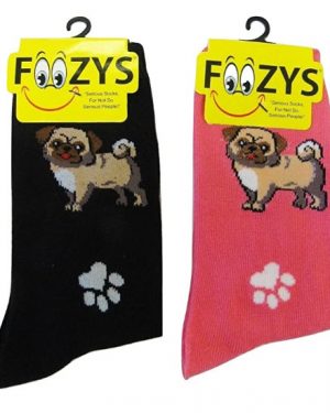 Womens Foozys Socks Design - Pugs & Paw Prints in Pink, Black
