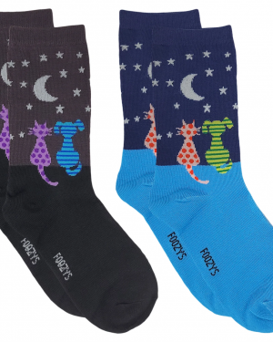 Womens Foozys Socks Design -Star Gazing Cat and Dog in Blue, Black