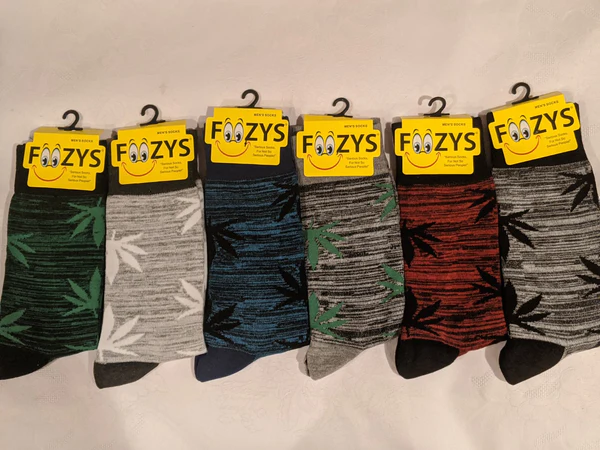 Mens Foozys Socks Design - Marijuana Canabis Leaf Black Horizontal Stripes (Red on Black, Green on Black, Green on Gray, White on Gray, Gray on Black, Blue on Black)